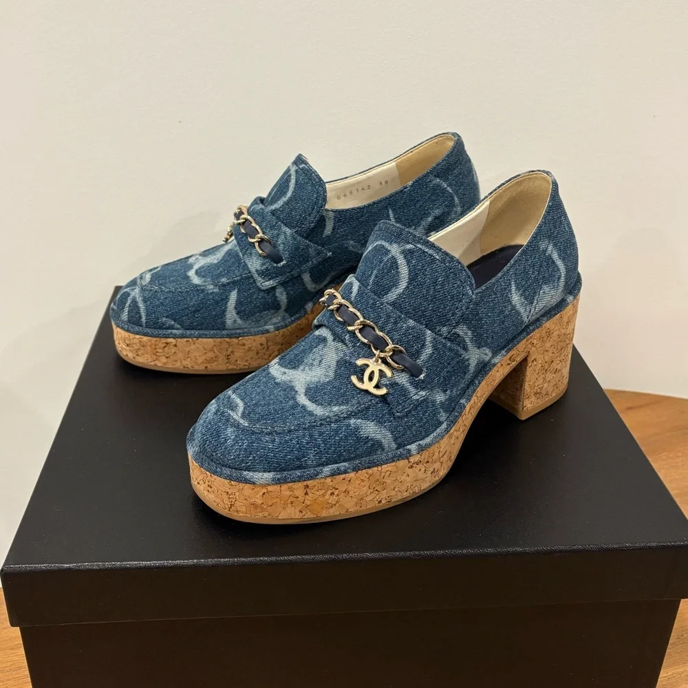 Chanel Denim Cork Loafer Denim Shoes Platform - Picture 10 of 10